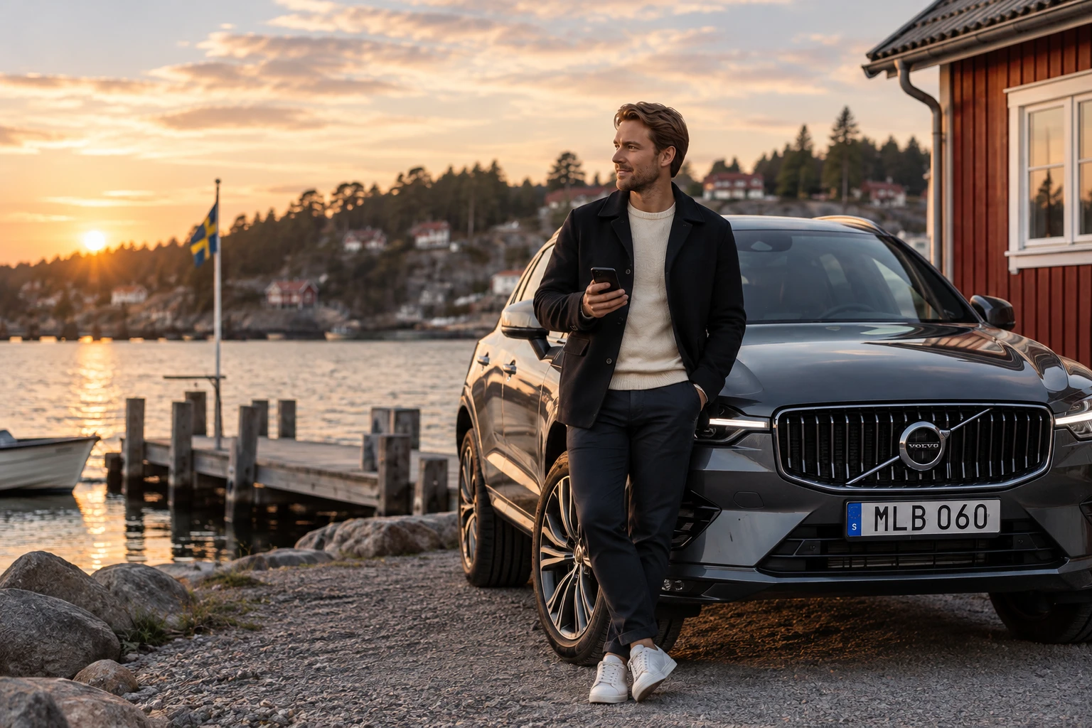 En bilägare lutar sig mot sin Volvo vid en brygga i solnedgången, med telefonen i handen